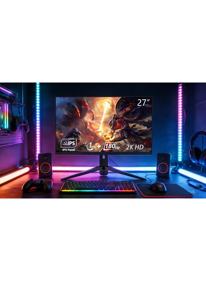 شاشة ألعاب 27 بوصة بدقة 2K، 180 هرتز، 2560 × 1440 بكسل، زمن استجابة 1 مللي ثانية، تدعم تقنية AMD FreeSync، مزودة بمنافذ HDMI/DP، ومكبرات صوت مدمجة، وتقنية تقليل الضوء الأزرق، وخالية من الوميض، وإضاءة خلفية RGB، مثالية للألعاب والعمل، وحامل قابل للرفع والتدوير. - Image 3